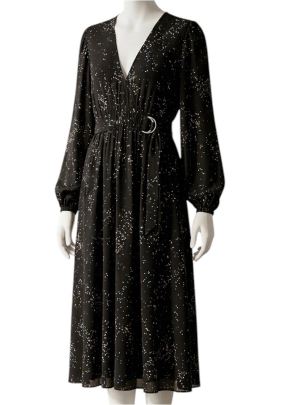 A.L.C Samantha Midi Black Dress with Multicolor Speckles, long Sleeve, 100% silk